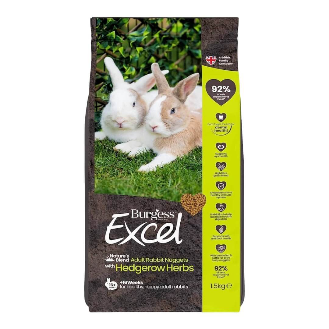 Burgess Excel Natures Blend Adult Rabbit Nuggets 1.5kg packaging with two happy rabbits, rich in fiber and herbal ingredients.
