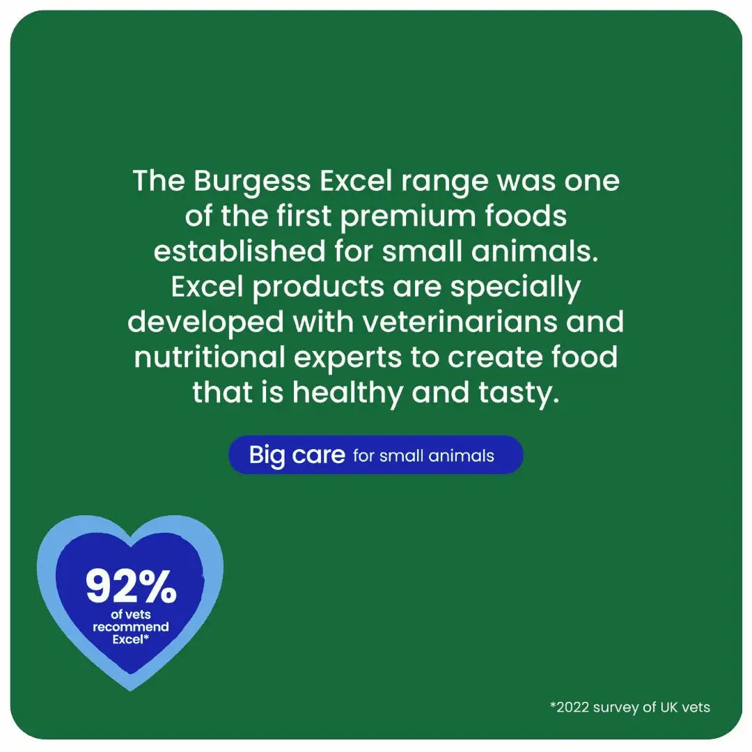 Burgess Excel Ferret Food promotional graphic highlighting vet recommendation and nutritional quality for small animals.