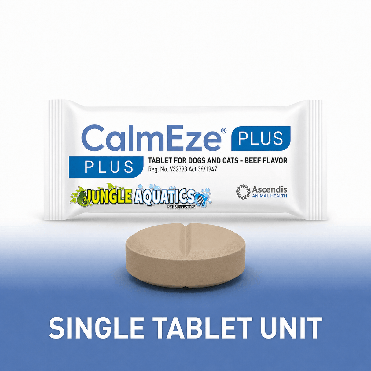 Calmeze Plus Single Tablet for Dogs & Cats in beef flavor, single tablet unit for pet relaxation.