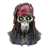 Captain Jack Sparrow Ornament featuring a skull with a red bandana and long, braided hair, perfect for themed aquariums.