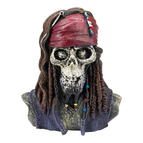 Captain Jack Sparrow Ornament featuring a skull with a red bandana and long, braided hair, perfect for themed aquariums.