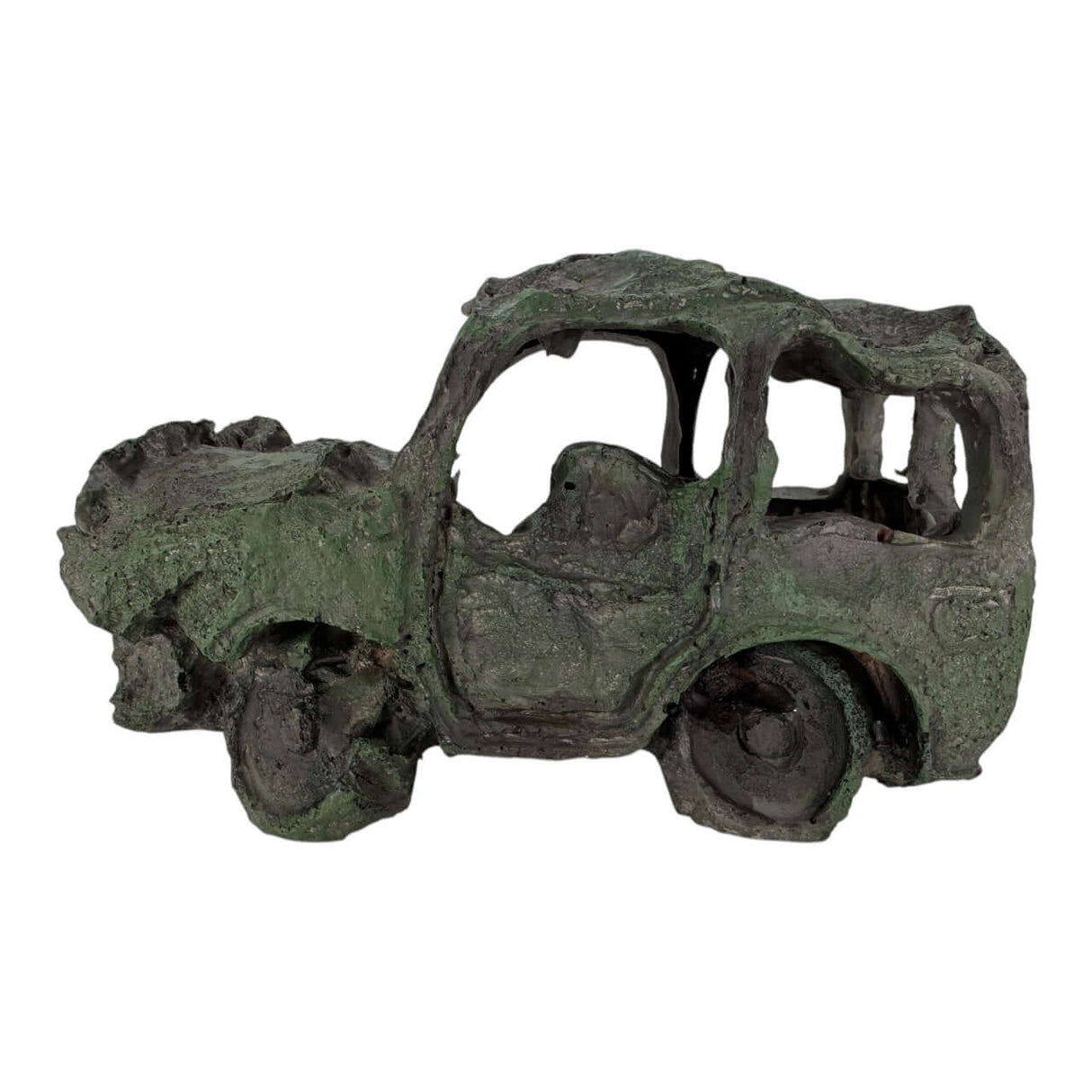 Car Wreck Aquarium Ornament in dark greenish-gray, depicting a weathered compact car for aquarium decoration.