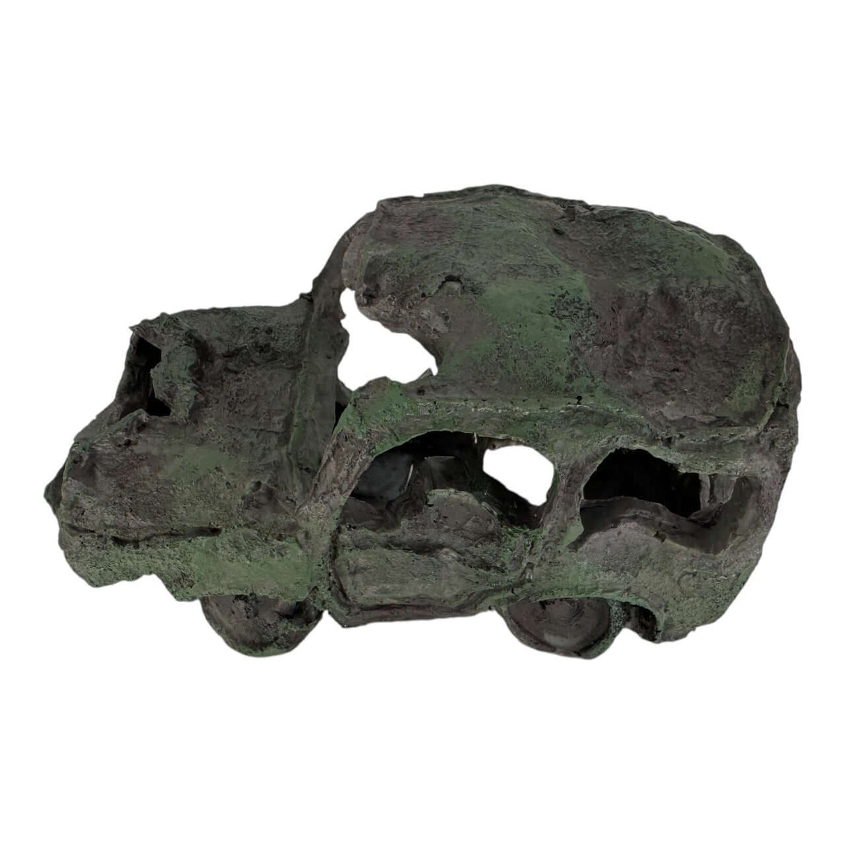 Car Wreck Aquarium Ornament depicting a rusted, weathered compact car for aquarium decor.