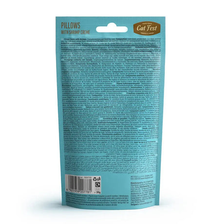 Back packaging of Cat Fest Pillows with shrimp filling, showcasing nutritional information and branding.