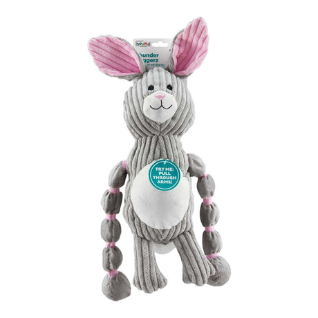 Charming Pet Thunder Tuggerz Bunny plush dog toy with rope arms and squeaker for interactive play.