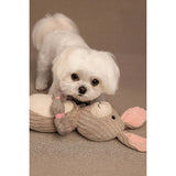 Charming Pet Thunder Tuggerz Bunny toy with a small white dog playing and tugging on its rope arms.