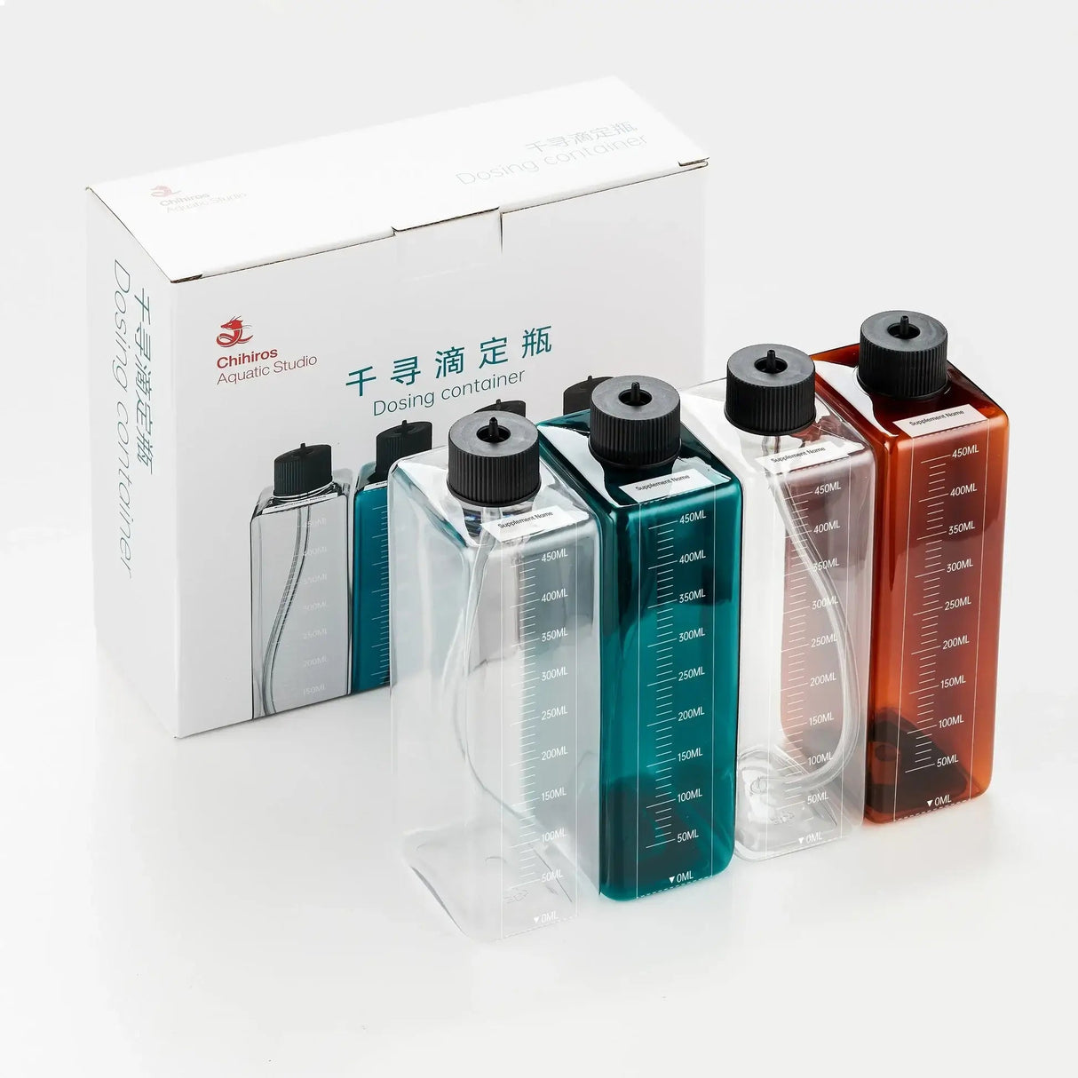 Chihiros 4 dosing containers set with clear, blue, and orange bottles, designed for precision liquid measurement.
