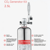 Chihiros Co2 Generator Kit 2.5L featuring a stainless steel cylinder, built-in safety valve, and Bluetooth CO2 controller.