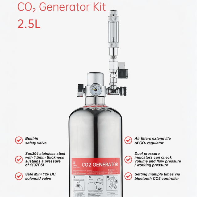 Chihiros Co2 Generator Kit 2.5L featuring a stainless steel cylinder, built-in safety valve, and Bluetooth CO2 controller.