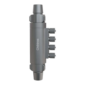 Chihiros Dosing Flow Adapter with four dosing ports and one-way valve, made from durable aluminum alloy.