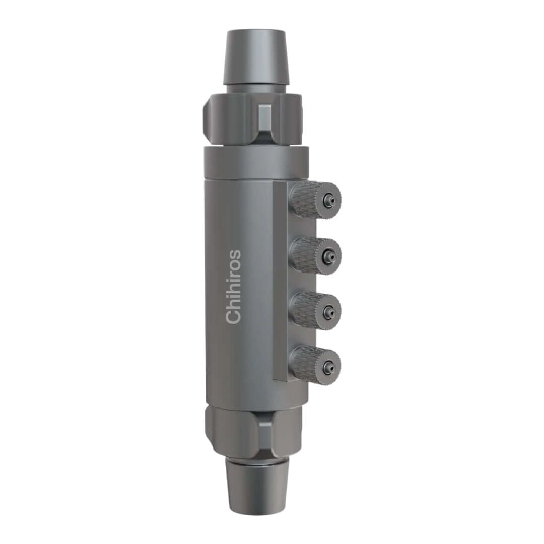 Chihiros Dosing Flow Adapter made from durable aluminum alloy, equipped with four dosing ports and a one-way valve.