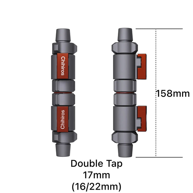 Chihiros Double Tap Quick Connector diagram showing dimensions and design for aquarium hoses.