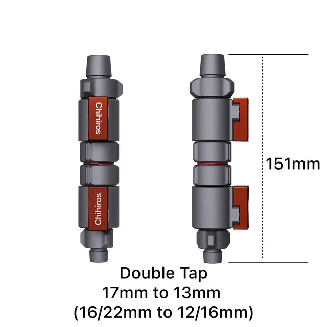 Chihiros Double Tap Quick Connector diagram showing size and design features for aquarium filter hoses.