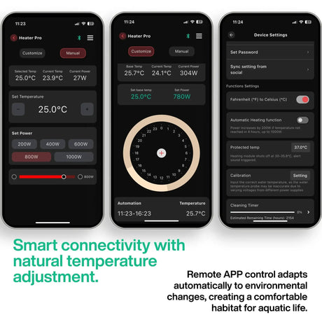 Two smartphones displaying the My Chihiros app for the Heater Pro, showcasing temperature control and settings.
