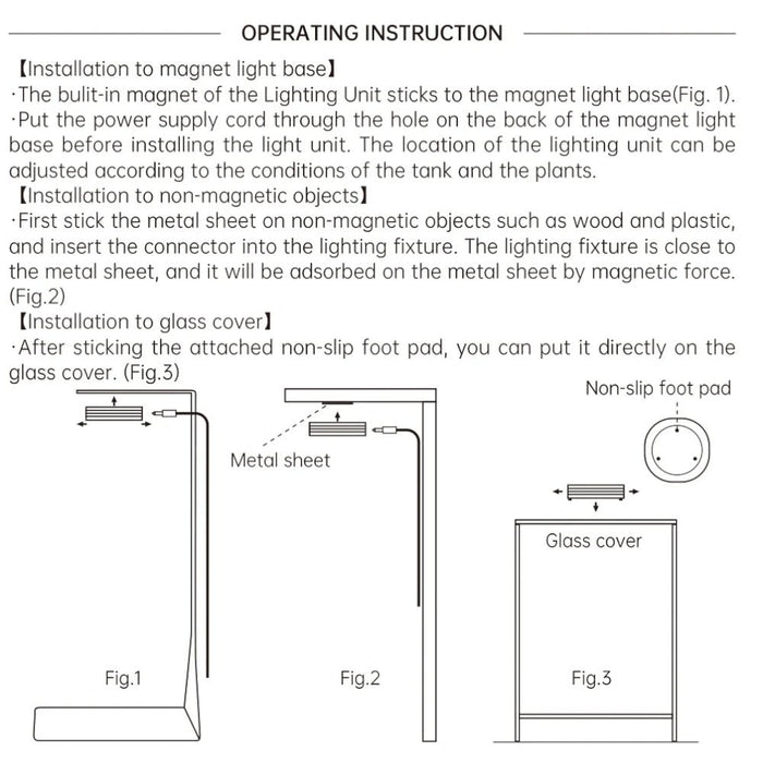 Operating instructions for Chihiros Magnetic Light installation, detailing steps for magnetic base and non-magnetic surfaces.