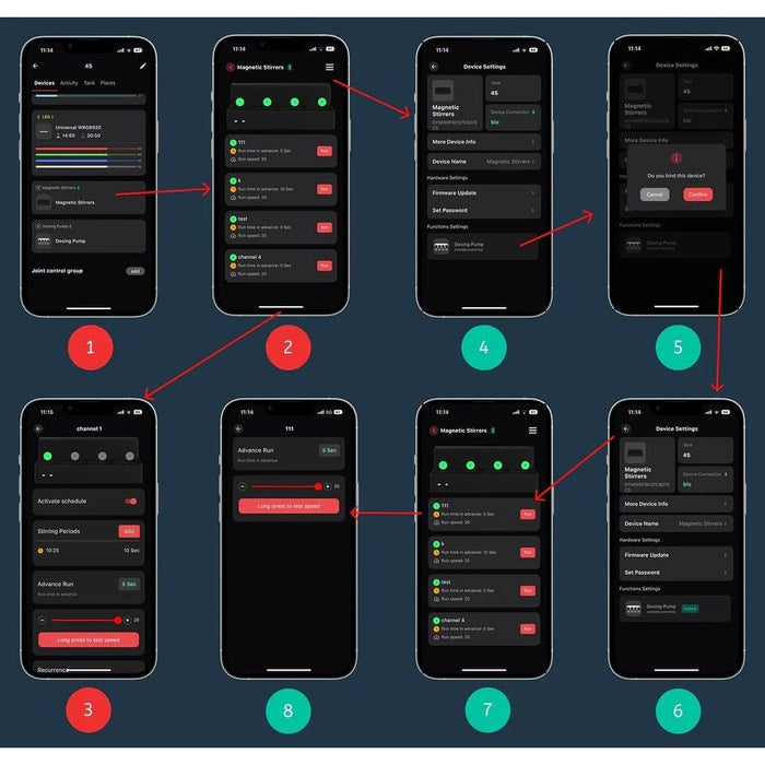 Chihiros Magnetic Stirrers setup guide on mobile app with eight numbered steps for configuration.