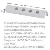 Chihiros Smart Power Strip dimensions and technical specifications including Wi-Fi connectivity and outlet details.