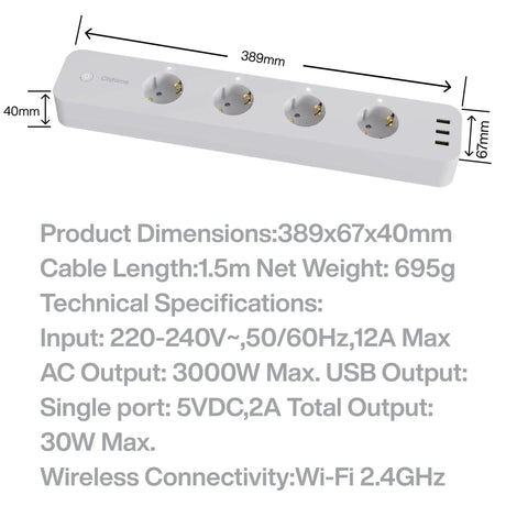 Chihiros Smart Power Strip dimensions and technical specifications including Wi-Fi connectivity and outlet details.