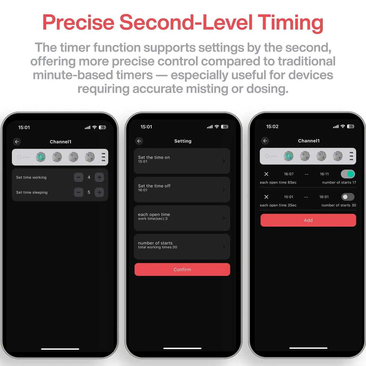 Chihiros Smart Power Strip mobile app interface showing precise second-level timing settings