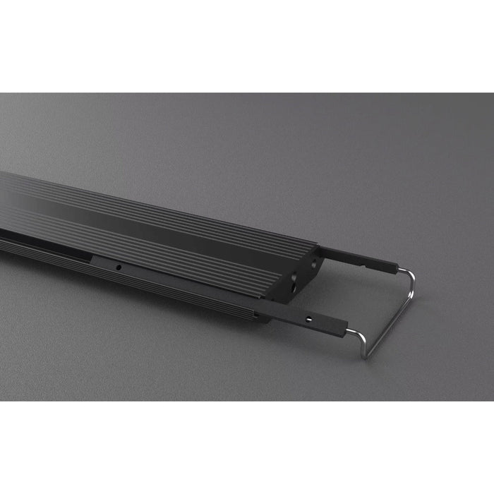 Chihiros Universal WRGB aquarium light with mounting brackets and sleek black design on a gray background.