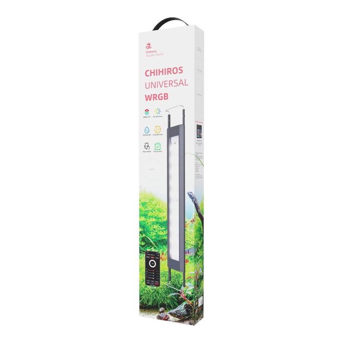 Chihiros Universal WRGB aquarium LED light packaging with controller and vibrant nature background.