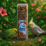 Cockatiel and parakeet seed stick treat with nuts and fruits, surrounded by vibrant flowers and birds.