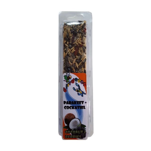 Cockatiel Seed Stick featuring coconut and berries for pet birds, packed with nutritious seeds for healthy diets.
