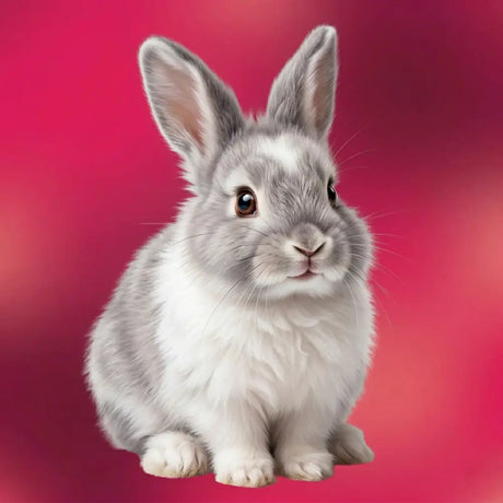Cute gray and white bunny sitting on a pink background, showcasing its fluffy fur and expressive eyes.