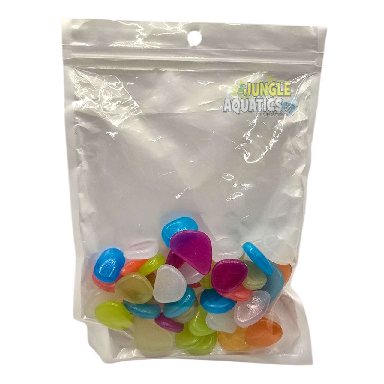 Glow In The Dark Stones in a clear bag with colorful luminous stones for indoor and outdoor decoration.