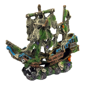 Colourful Shipwreck Ornament with tattered sails and colorful reef-style accents for aquarium decoration.