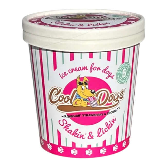 Cool Dogs Ice Cream for Dogs in a colorful container featuring strawberry and coconut flavors for dog treats.