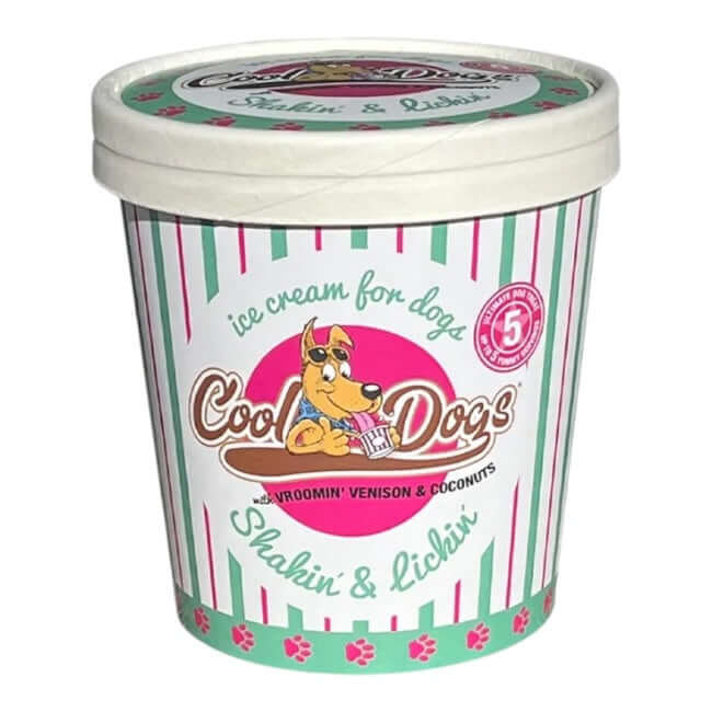 Cool Dogs Ice Cream for Dogs ice cream tub featuring venison and coconut flavor for dogs.