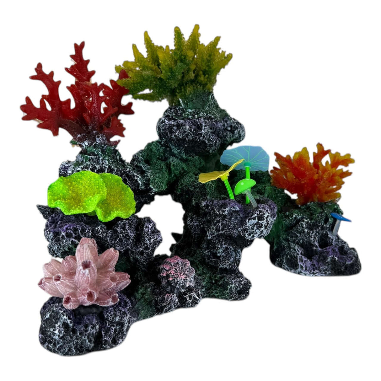 Colorful coral rock aquarium ornament featuring textured rocks and vibrant aquatic plants.