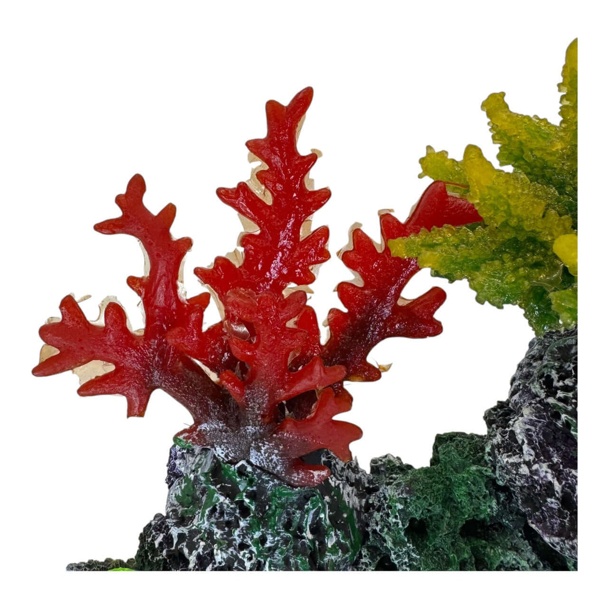 Vibrant red coral in a realistic aquarium ornament with textured rocky base, ideal for enhancing underwater landscapes.