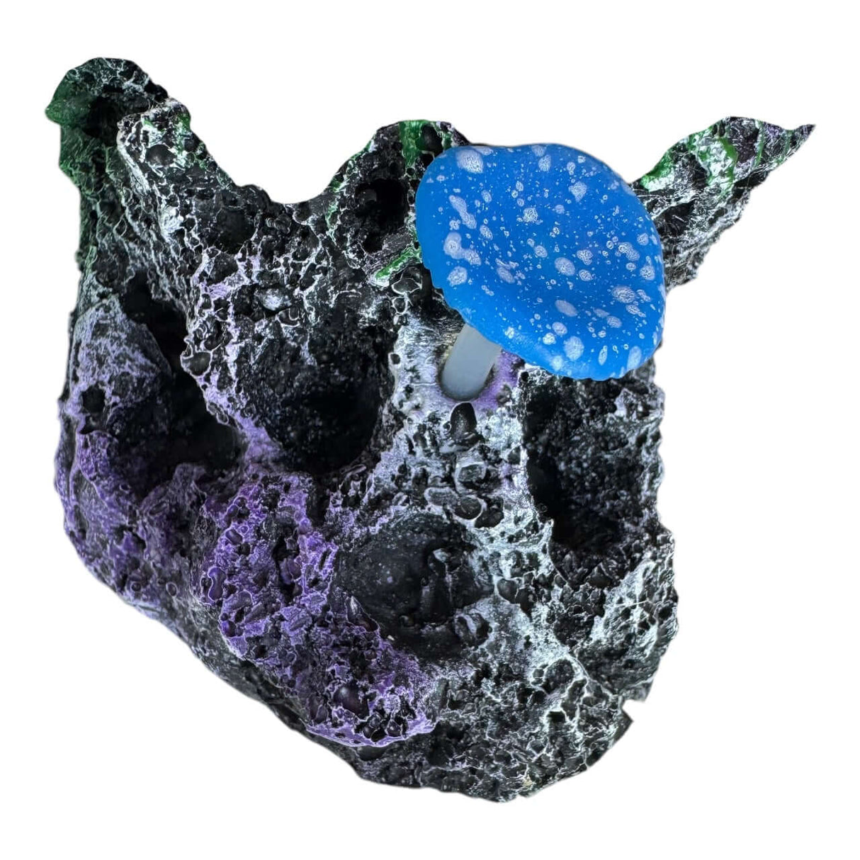 Coral Rock Aquarium Ornament featuring textured dark gray base and vibrant blue mushroom design.