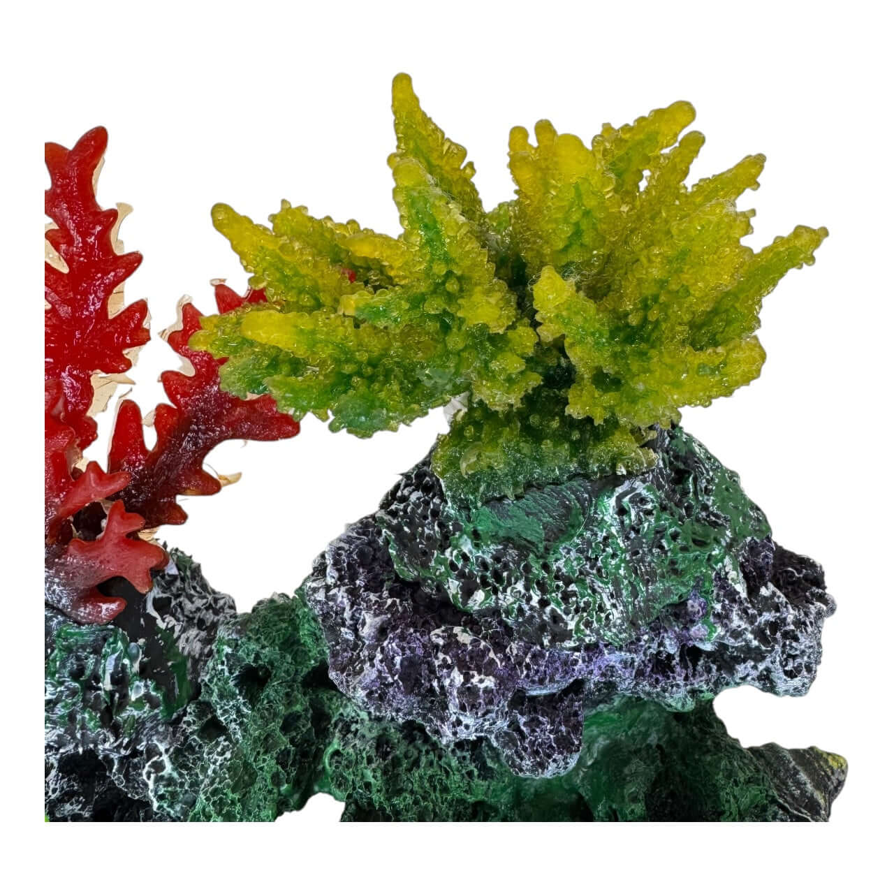 Colorful Coral Rock Aquarium Ornament with green and red coral details for vibrant underwater decor.