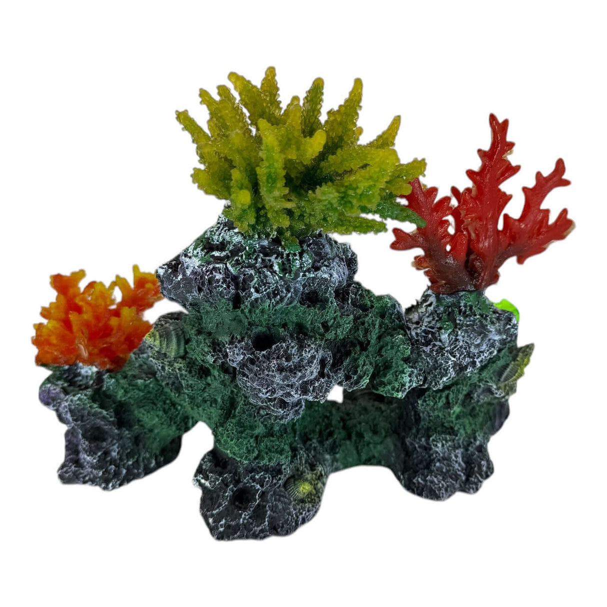 Colorful coral rock aquarium ornament with vibrant green and red plants, enhancing underwater aesthetics.