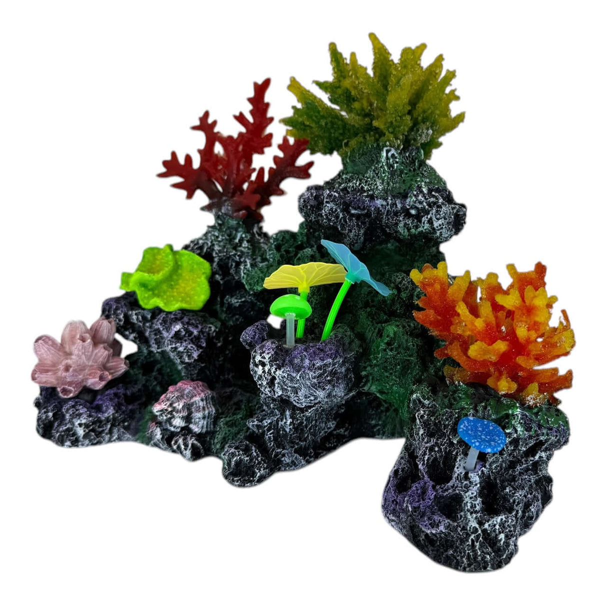 Vibrant Coral Rock Aquarium Ornament with colorful coral plants and textured dark rock for a realistic underwater scene.