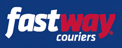 Fastway Couriers logo on a blue background, representing quick and reliable delivery services.