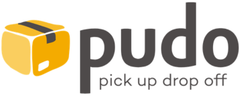 Pudo logo featuring a yellow package and text 'pick up drop off' below.