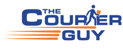 Logo of The Courier Guy with a figure running and delivering a package, emphasizing fast delivery services.