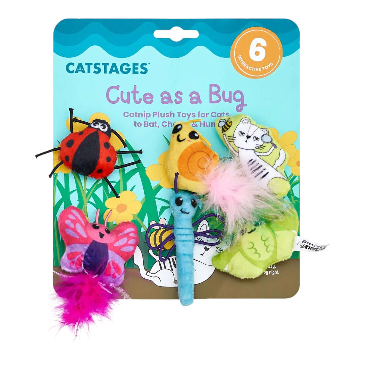 Cute As A Bug Plush Cat Toys 6pk with vibrant bug-themed plush toys for cats to enjoy.