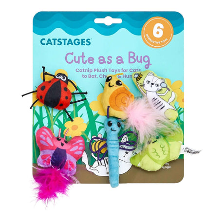 Cute As A Bug Plush Cat Toys 6pk with vibrant bug-themed plush toys for cats to enjoy.