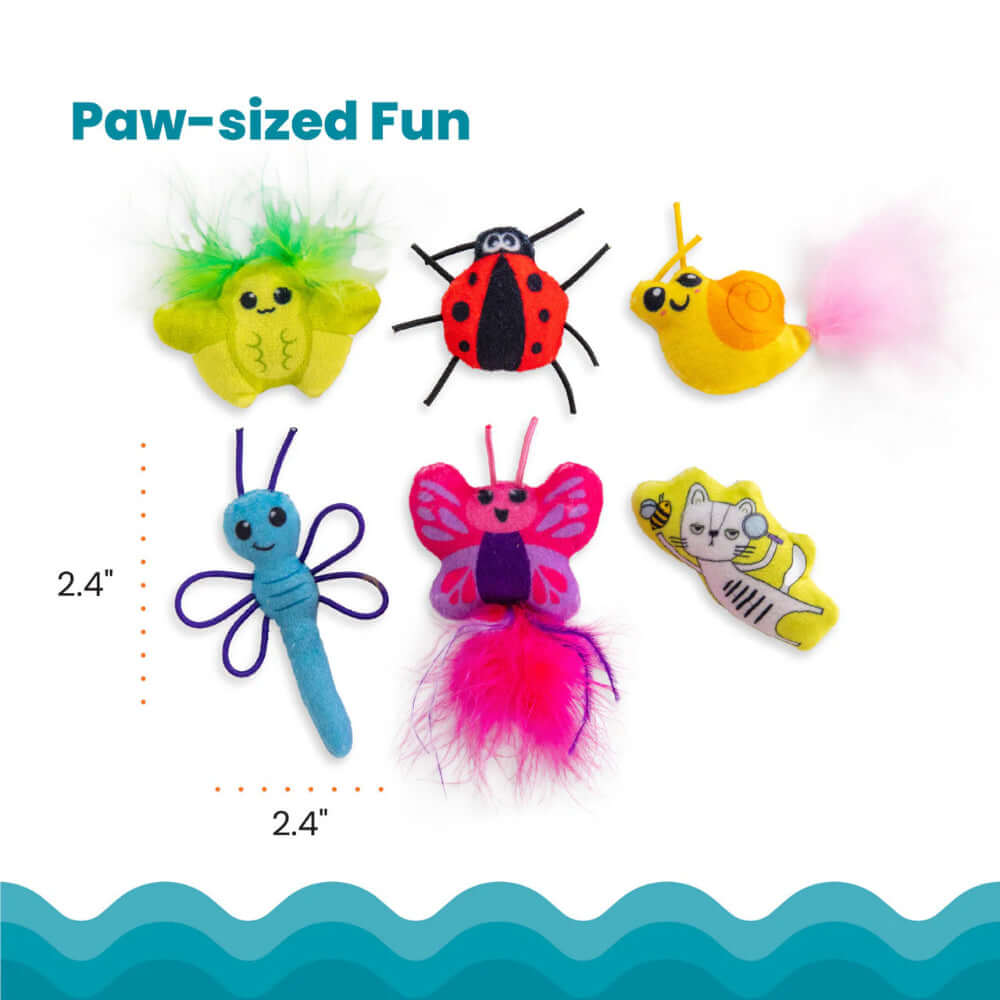 Cute As A Bug Plush Cat Toys 6pk featuring colorful bug designs for cat playtime.