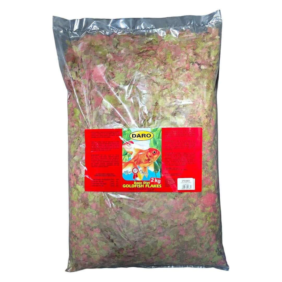 DARO Aqua Plus Goldfish Flakes 2kg package for full nutrition and enhanced color for goldfish. Ideal for surface and mid-water feeding.