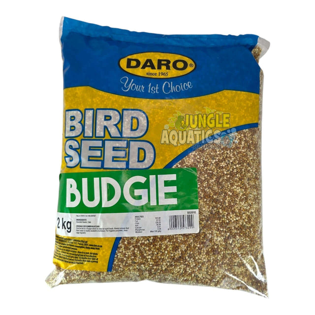 Daro Budgie Seed 2kg bag for pet birds, high-quality blend providing essential nutrients for budgerigars.