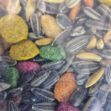 Colorful mix of seeds and pellets for cockatiels and parakeets, providing essential nutrition for pet birds.