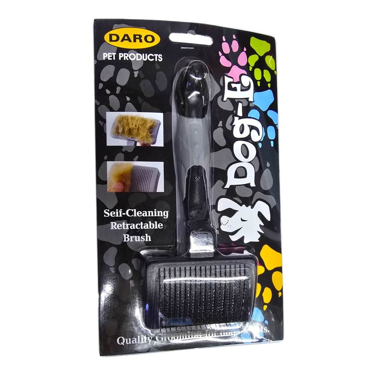 Daro Dog-E Self Cleaning Brush Small in packaging, featuring a self-cleaning retractable design for dog grooming.