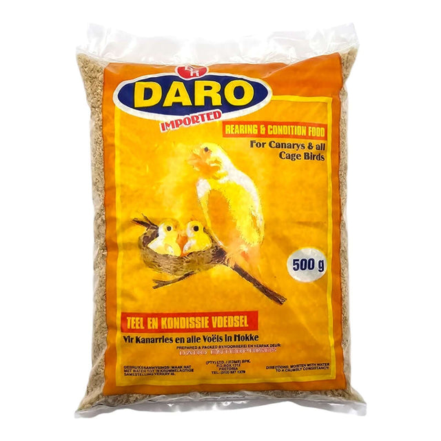 Daro Rearing and Conditioning Food for canaries and cage birds, 500g pack featuring baby birds on the label.