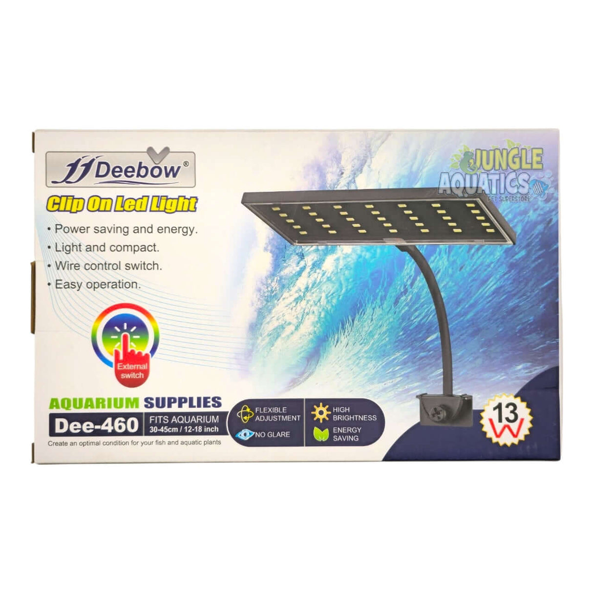 Deebow Clip On LED Light packaging showcasing its features and specifications for aquarium lighting.